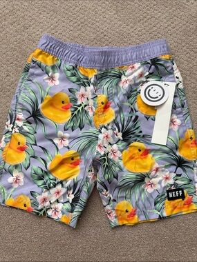 Neff Boys Lavender Swim Shorts with Yellow Duck & Tropical Print